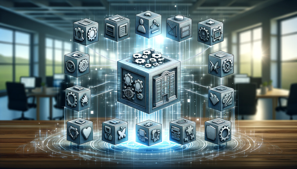 Ilustrace ukazuje individuální stavební bloky (reprezentující vlastní aplikaci) skládající se do unikátní struktury, která perfektně pasuje do kontur firmy.